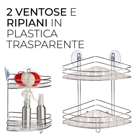 Mensola Angolare Bagno 2Piani Acciaio Cromato Montaggio Fisher o Ventosa 20x20 H26.5cm