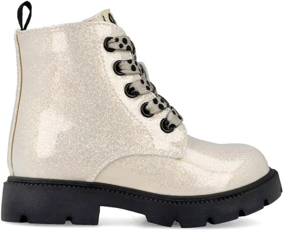 Anfibi bimba Garvalin crema glitter con lacci a pois e suola carrarmato dal 24 al 30