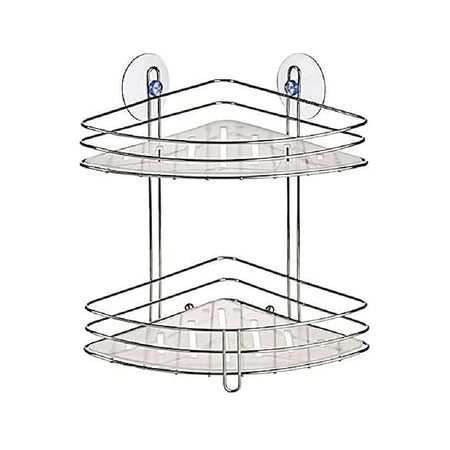 Mensola Angolare Bagno 2Piani Acciaio Cromato Montaggio Fisher o Ventosa 20x20 H26.5cm