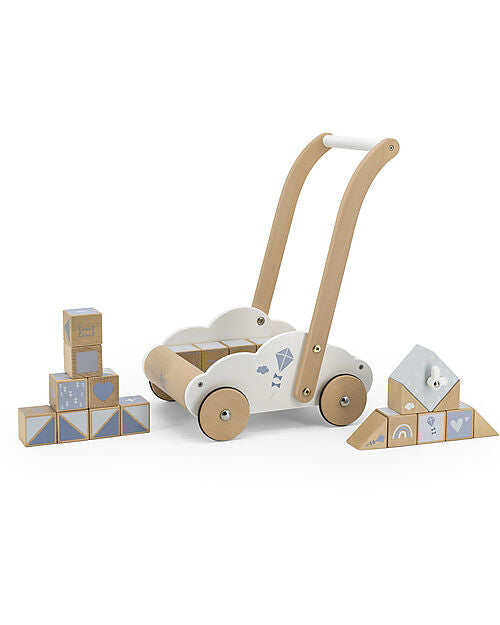 Carrello Primi Passi - Azzurro - con 20 Blocchi - Legno di Faggio Cert Label Label