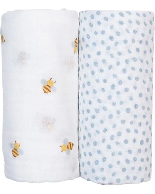 Set di 2 Copertine Swaddle 100 x 100 cm - Bees/Dots - 100% mussola di Lulujo Baby