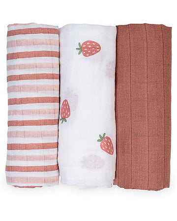 Set di 3 Copertine Swaddle 69 x 69 cm - Fragole - 100% mussola di coto Lulujo Baby