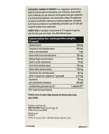 Carbonev 30 caps. Fermenti, Finocchio, Anice, Carvi, Bromelina, Melissa favorisce l’eliminazione dei Gas intestinali