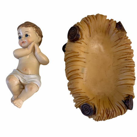 Gesù bambino con culla statua bambinello per presepe in poliresina