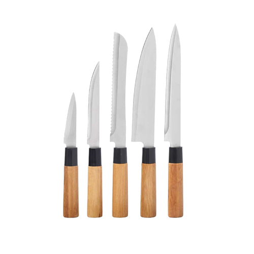 Confezione 5pz Coltelli Cucina Doppia Lama Manico in Legno Bambù Naturale