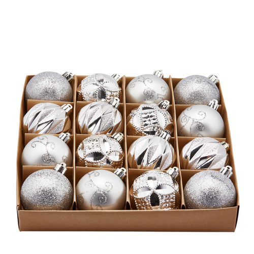 Palline per albero di Natale, colore Argento, con decorazioni miste, in PVC