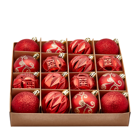 Palline per albero di Natale, colore Rosso, con decorazioni miste, in PVC