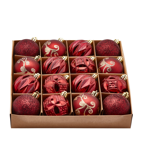 Palline per albero di Natale, colore Granato, decorazioni miste, in PVC