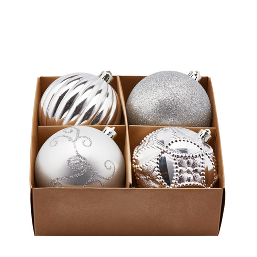 Palline per albero di Natale, colore Argento, con decorazioni miste, in PVC