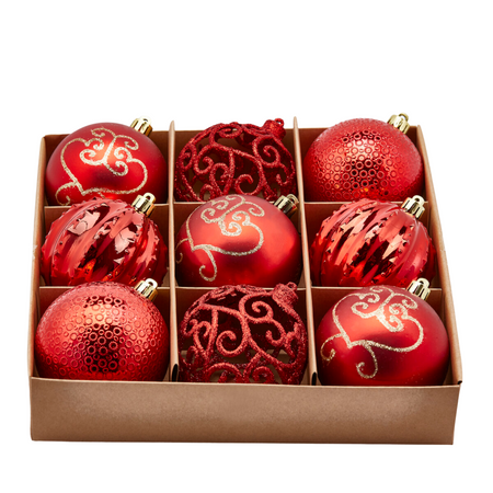 Palline per albero di Natale, colore Rosso, con decorazioni miste, in PVC
