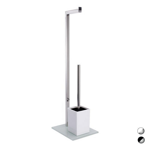 Piantana Colonna Acciaio Inox Porta Scopino Base Vetro Rettangolare- Acciaio Inox Vetro Bianco- Spire- Pezzi 1