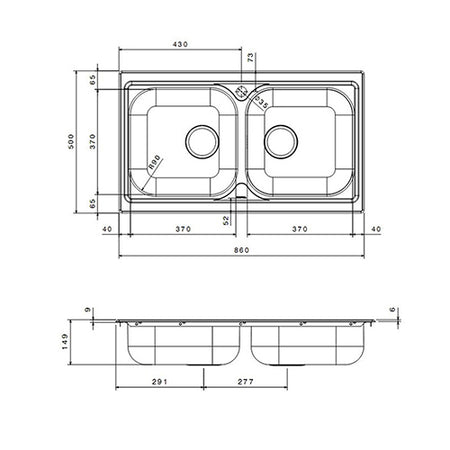 Lavello Incasso Acciaio Inox 2 Vasche Cm 86- Cm 86- Apell- Pezzi 1