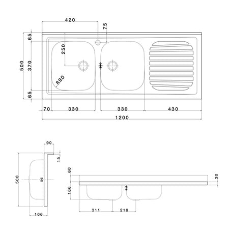 Lavello Appoggio In Acciaio Inox Con 2 Vaschette- Cm 120 Gocciolatoio Dx- Apell- Pezzi 1