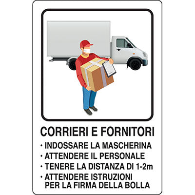 Targa Segnaletica Covid Corrieri E Fornitori - Alluminio 20X30- 2 Pezzi