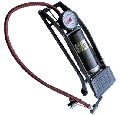 Pompa Gonfiaggio A Pedale Acciaio + Manometro E Adattatori Bar Max 5