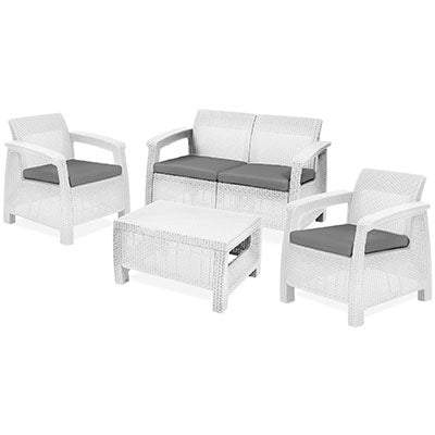 Set Lounge Da Giardino In Polipropilene Effetto Rattan Bianco Con Poltrone Divano Tavolino E Cuscini Keter