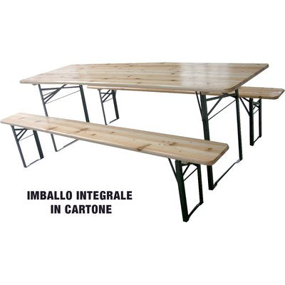 Set Tavolo + Panche Birreria 2 Gambe Domus - Legno/Acciaio Cm 200X60 H.Cm 76 Cf=Pz 3- 1 Confezioni