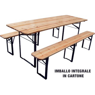 Set Tavolo + Panche Birreria 3 Gambe Domus - Legno/Acciaio Cm 220X70 H.Cm 76 Cf=Pz 3- 1 Confezioni