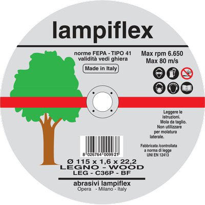 Disco Abrasivo Taglio Legno Lampiflex - Mm 115X22,2 H.Mm 1,6- 25 Pezzi