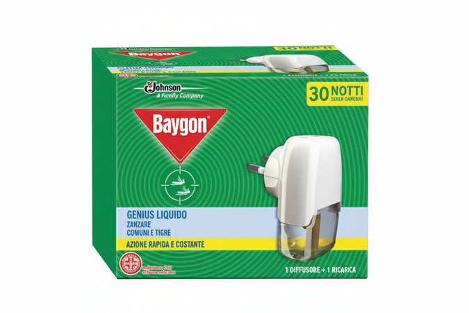 Baygon Genius Elettroemanatore Base + Ricarica Liquida 30 Notti - 12 Pezzi Baygon