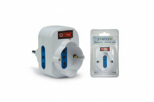 Adattatore Rotante Triplo Con Schuko E Interruttore Bianco- - Spina 16A Colore Bianco - 2 Blister Syntesy