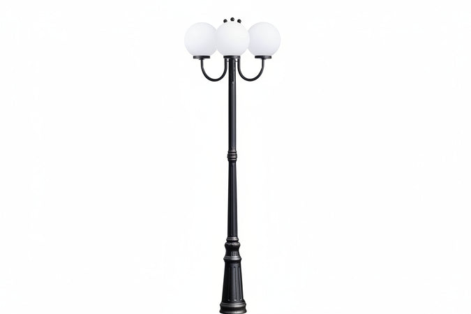 Lampione 3 Luci Su Palo Modello Sfera 3X100W Ip44 Cm.230H. Colore Nero Syntesy