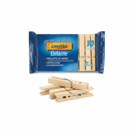 Mollette Elefante In Legno Naturale Molla Antiruggine Cm.10 Pz.10 - 10 Confezione Cosatto
