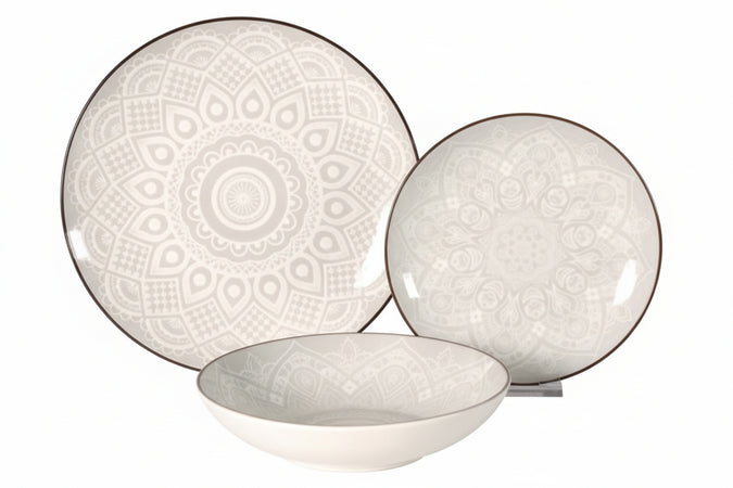 Servizio Di Piatti Mandala Tortora In Porcellana- - Servizio Contenente 18 Piatti - 1 Confezione Xtra