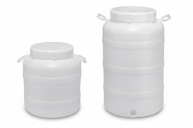 Fusto A Bocca Larghissima In Polietilene Per Alimenti Lt.25 Bocca Ø Cm.14 Misure Ø Cm.27X53.5H.