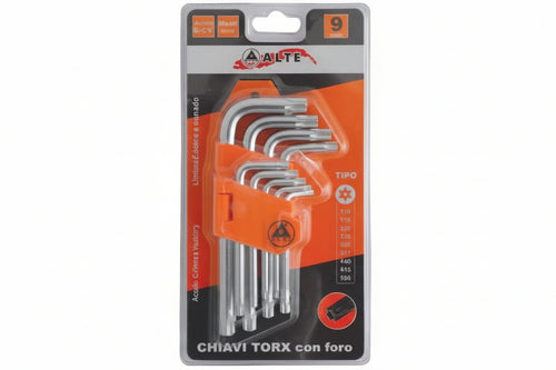 Chiavi Maschio Torx Con Foro Tipo Corto Cromo Vanadio In Serie 9 Pezzi - 1 Blister Alte