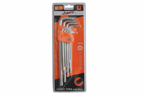 Chiavi Maschio Torx Con Foro Tipo Lungo Cromo Vanadio Serie 9 Pezzi - 2 Blister Alte