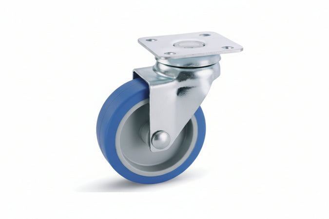 Ruote A Forcella In Gomma Blu Sintetica Con Piastra Girevole 221- - Ø Mm.50X18 Piastra Mm.40X40 Mm.66H. Port. Kg.20 - 4 Pezzi Avo