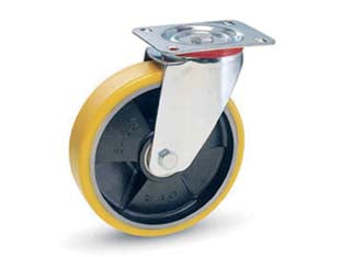 Ruote Industriali In Poliuretano Nucleo Ghisa C/Piastra Girevole22Se Ø Mm.125X25 Piastra Mm.100X85 155H. P. Kg.130 Avo