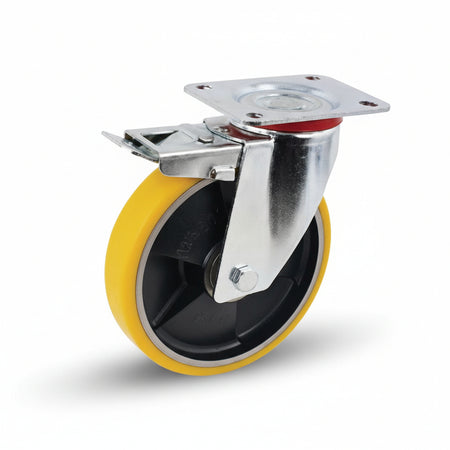 Ruote Industriali Poliur. Nucleo Ghisa Piastra Girevole Freno 24Ant Ø Mm.100X25 Piastra Mm.100X85 128H. P. Kg.120 Avo