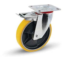 Ruote Industriali Poliur. Nucleo Ghisa Piastra Girevole Freno 24Ant Ø Mm.150X30 Piastra Mm.100X85 155H. P. Kg.200 Avo