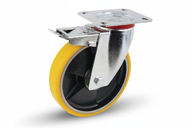 Ruote Industriali Poliur. Nucleo Ghisa Piastra Girevole Freno 24Ant Ø Mm.150X30 Piastra Mm.100X85 155H. P. Kg.200 Avo