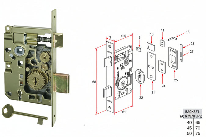 Serratura A Bussola Ridotta Da Infilare Bordo Quadro Ottonato- - Mm.45 Bordo Acc.Ottonato Verniciato (572.45.03) - 2 Pezzi Agb
