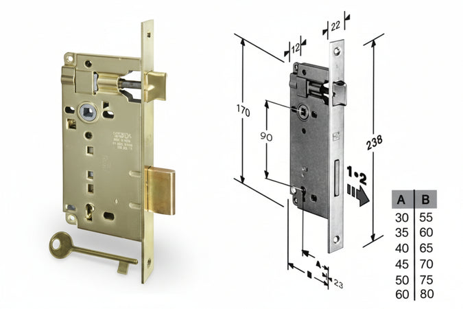 Serratura A Bussola Da Infilare Bordo Quadro Ottonato Mm.50 Bordo Acc.Ottonato Verniciato (592.50.03) Agb