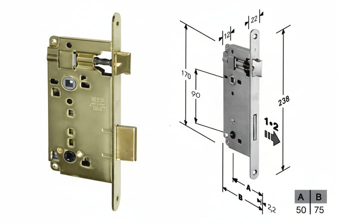 Serratura A Bussola Infilare Bordo Tondo Ott. Con Apertura Emergenza Mm.50 Bordo Acc.Ottonato Vernic. (B.00595.50.03) Agb