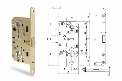Serratura Mediana Evolution Foro Cil. Solo Scr. Nylon B.Do T.Do Ott. Mm.50 Bordo Acciaio Ottonato (1103.50.03) Agb