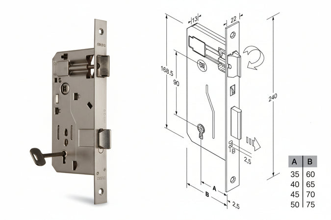 Serratura A Bussola Da Infilare Bordo Quadro Ferro Lucido Mm.40 Bordo Acciaio Lucido Bonaiti
