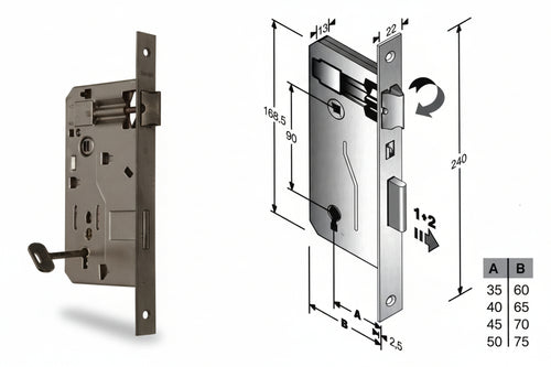 Serratura A Bussola Da Infilare Bordo Quadro Ferro Lucido Mm.45 Bordo Acciaio Lucido Bonaiti