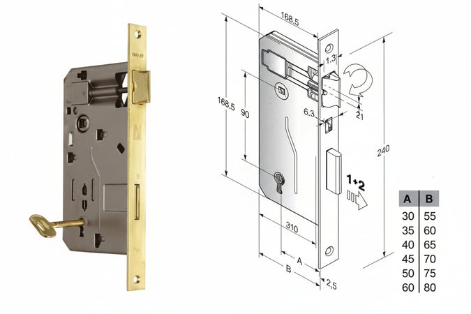 Serratura A Bussola Da Infilare Bordo Quadro Ottonato Mm.50 Bordo Acciaio Ottonato Bonaiti
