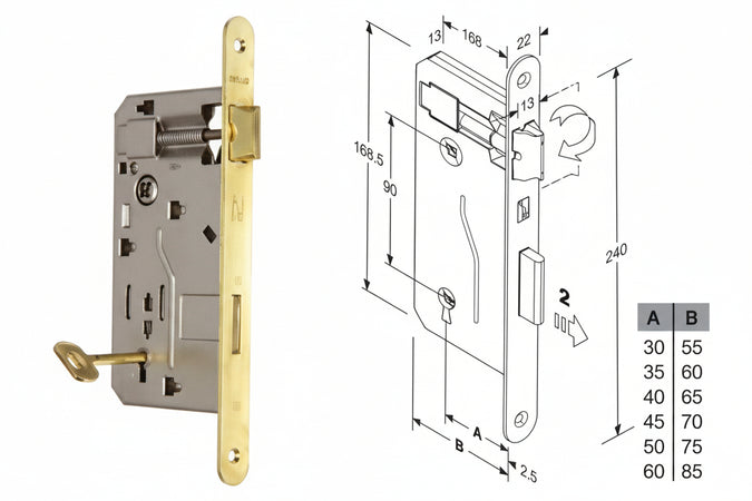 Serratura A Bussola Da Infilare Bordo Tondo Ottonato Mm.40 Bordo Acciaio Ottonato Bonaiti