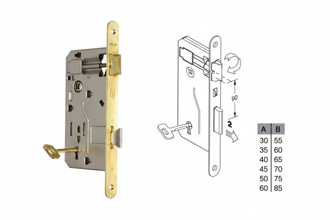 Serratura A Bussola Da Infilare Bordo Tondo Ottonato Mm.50 Bordo Acciaio Ottonato Bonaiti