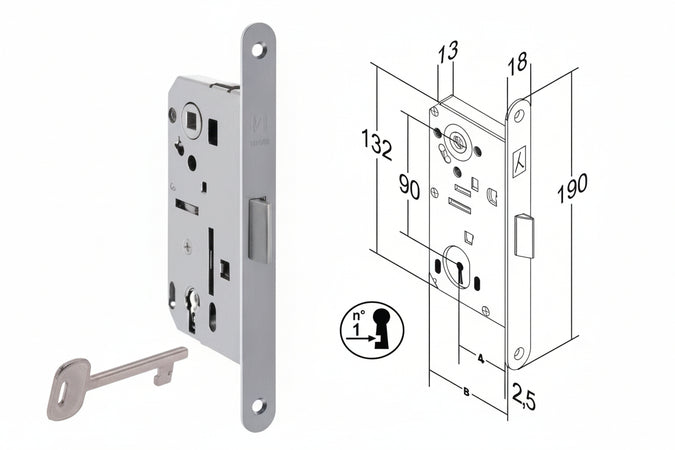 Serratura Bitter Infilare Reversibile B. Tondo Acc. Crom. Opaco Vern. Mm.50 Bordo Acciaio Cromato Opaco Bonaiti