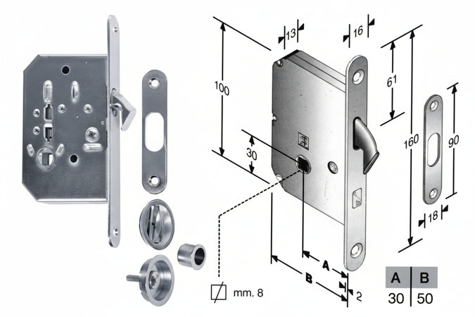 Serratura Porte Scorrevoli A Gancio Con Nottolino B. Tondo Mm.50 Frontale E Incontro Cromo Satinato Bonaiti