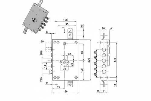 Serratura Triplice Applicare Con Scrocco Cil. Eur. Blindate 50128 Mm.63, Interasse Catenacci Mm.28 Cipierre