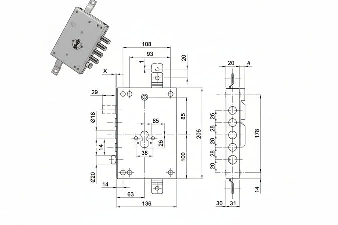 Serratura Triplice Applicare Con Scrocco Cil. Eur. Blindate 50128 Mm.63, Interasse Catenacci Mm.28 Cipierre