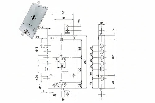 Serratura Triplice Applicare Scrocco Doppio Cil. Eu. Blindate 50228 Mm.63, Interasse Catenacci Mm.28 Cipierre
